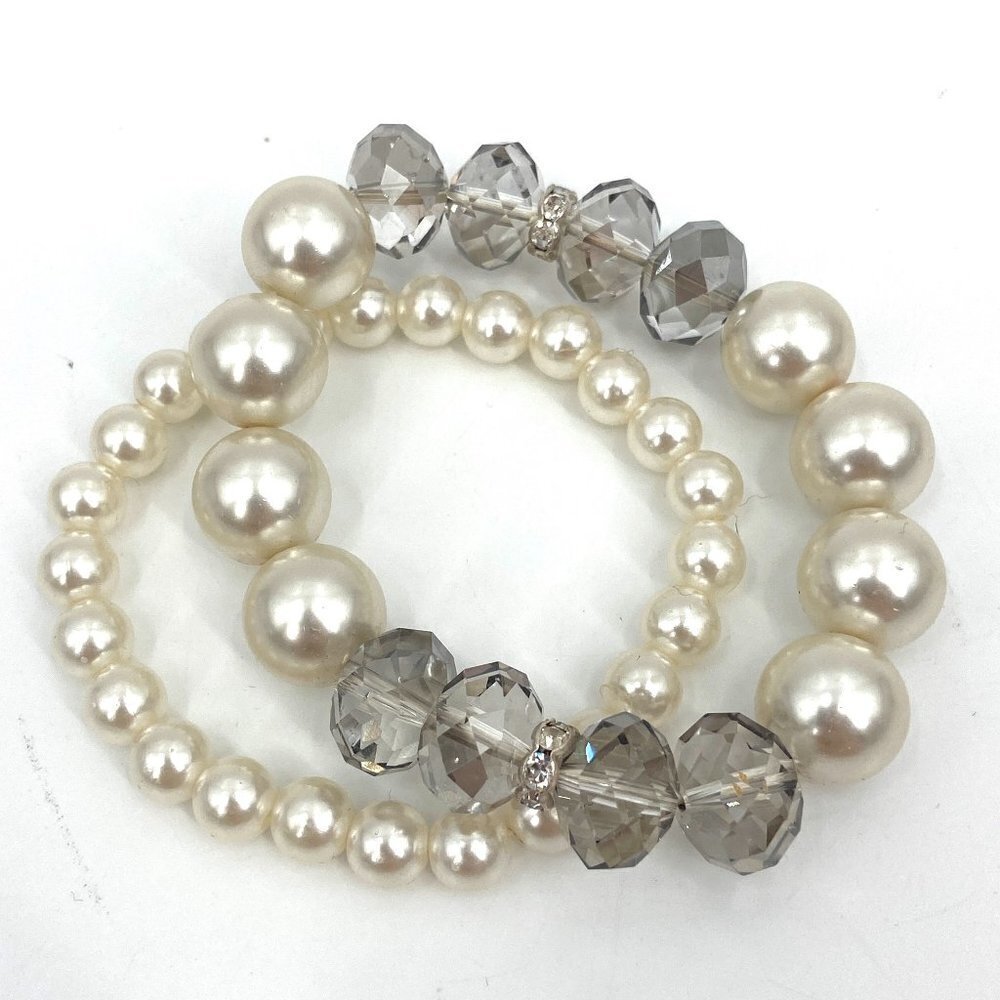 Set of 2 Faux Pearl Plastic Geometric Pewter Beads Rhinestone Stretch Bracelet